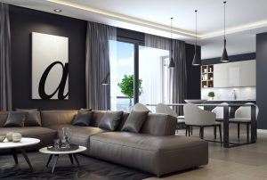 Modern luxury black style apartment with leather sofa